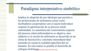 Paradigma interpretativo simbólico
Implica la adopción de una ideología que permite a
los profesionales de enfermería actuar como
facilitadores-cooperadores con el sujeto (individuo)
respecto la optimización de su proceso salud-
enfermedad. La naturaleza del conocimiento respecto
del proceso salud enfermedad no es objetiva, sino
subjetivo y la acción de enfermería se desarrolla en un
clima de interacción y constante intersubjetividad
teniendo en cuenta la realidad específica del ser
humano. En este marco es posible el desarrollo de
enfoques holísticos.Adalberto Pizarro Enfermero MN 50305
 