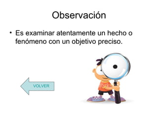 Observación
• Es examinar atentamente un hecho o
  fenómeno con un objetivo preciso.




      VOLVER
 