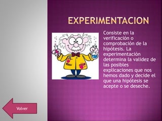 Consiste en la
verificación o
comprobación de la
hipótesis. La
experimentación
determina la validez de
las posibles
explicaciones que nos
hemos dado y decide el
que una hipótesis se
acepte o se deseche.
Volver
 