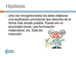 Hipótesis
 Una vez recogidos todos los datos elaboras
una explicación provisional que describa de la
forma más simple posible. Puede ser un
enunciado breve, una formulación
matemática, etc. Esta sería una primera
inducción.
Volver
 