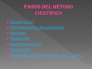  Observación
 Planteamiento del problema
 Hipótesis
 Predicción
 Experimentación
 Conclusión
 Generalización – prin...