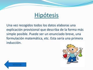 Hipótesis
Una vez recogidos todos los datos elaboras una
explicación provisional que describa de la forma más
simple posible. Puede ser un enunciado breve, una
formulación matemática, etc. Esta sería una primera
inducción.
VOLVER
 