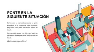 PONTE EN LA
SIGUIENTE SITUACIÓN
1
Mario va con su enamorada a celebrar su quinto
aniversario a un restaurante muy concurrido,
luego de la cena piden dos bebidas a base de
tequila.
Su enamorada estaba muy feliz, pero Mario se
percata que las bebidas tenían pisco en lugar de
tequila.
¿Qué harías en lugar de Mario?
 