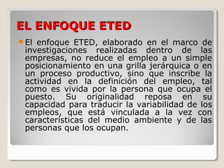 EL ENFOQUE ETED
El

enfoque ETED, elaborado en el marco de
investigaciones realizadas dentro de las
empresas, no reduce el empleo a un simple
posicionamiento en una grilla jerárquica o en
un proceso productivo, sino que inscribe la
actividad en la definición del empleo, tal
como es vivida por la persona que ocupa el
puesto. Su originalidad reposa en su
capacidad para traducir la variabilidad de los
empleos, que está vinculada a la vez con
características del medio ambiente y de las
personas que los ocupan.

 