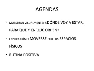 AGENDAS
• MUESTRAN VISUALMENTE: «DÓNDE VOY A ESTAR,
PARA QUÉ Y EN QUÉ ORDEN»
• EXPLICA CÓMO MOVERSE POR LOS ESPACIOS
FÍSICOS
• RUTINA POSITIVA
 