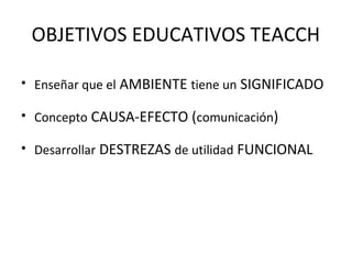 OBJETIVOS EDUCATIVOS TEACCH
• Enseñar que el AMBIENTE tiene un SIGNIFICADO
• Concepto CAUSA-EFECTO (comunicación)
• Desarrollar DESTREZAS de utilidad FUNCIONAL
 