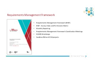 21
• Requirements Management Framework (RMF)
• RMF - Access, Roles and Permissions Matrix
• Monthly Reporting
• Requiremen...