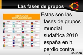 Las fases de grupos Estas son las fases de grupos mundial sudafrica 2010 españa en h perdio contra suiza y tenemos que jugar con horlanda y chile