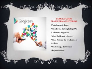 GOOGLE COMO
PLATAFORMA UNIVERSAL
*Plataforma de Pago
*Plataforma de Single SignOn
*Cobertura Logística
*Masa Crítica de clientes
*Masa Crítica de productos y
servicios
*Marketing / Publicidad
*Supermercado
 