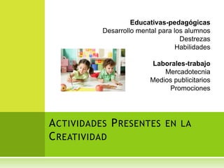 Educativas-pedagógicas
          Desarrollo mental para los alumnos
                                   Destrezas
                                  Habilidades

                         Laborales-trabajo
                             Mercadotecnia
                         Medios publicitarios
                              Promociones




A CTIVIDADES P RESENTES EN LA
C REATIVIDAD
 