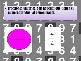 • Fracciones Unitarias: Son aquellas que tienen el
numerador igual al denominador.