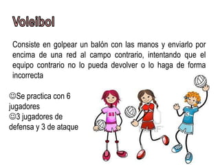 Consiste en golpear un balón con las manos y enviarlo por
 encima de una red al campo contrario, intentando que el
 equipo contrario no lo pueda devolver o lo haga de forma
 incorrecta

Se practica con 6
jugadores
3 jugadores de
defensa y 3 de ataque
 