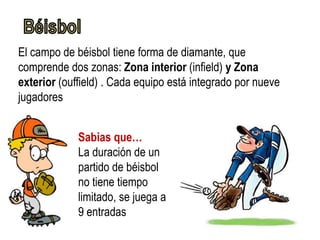 El campo de béisbol tiene forma de diamante, que
comprende dos zonas: Zona interior (infield) y Zona
exterior (ouffield) . Cada equipo está integrado por nueve
jugadores


             Sabias que…
             La duración de un
             partido de béisbol
             no tiene tiempo
             limitado, se juega a
             9 entradas
 