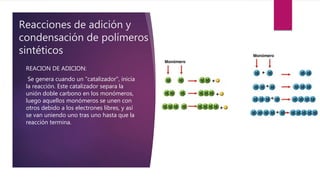 Reacciones de adición y
condensación de polímeros
sintéticos
REACION DE ADICION:
Se genera cuando un "catalizador", inicia
la reacción. Este catalizador separa la
unión doble carbono en los monómeros,
luego aquellos monómeros se unen con
otros debido a los electrones libres, y así
se van uniendo uno tras uno hasta que la
reacción termina.
 