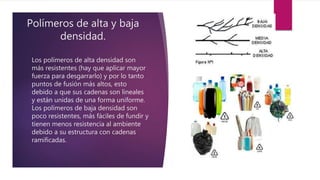 Polímeros de alta y baja
densidad.
Los polímeros de alta densidad son
más resistentes (hay que aplicar mayor
fuerza para desgarrarlo) y por lo tanto
puntos de fusión más altos, esto
debido a que sus cadenas son lineales
y están unidas de una forma uniforme.
Los polímeros de baja densidad son
poco resistentes, más fáciles de fundir y
tienen menos resistencia al ambiente
debido a su estructura con cadenas
ramificadas.
 
