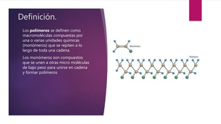 Definición.
Los polímeros se definen como
macromoléculas compuestas por
una o varias unidades químicas
(monómeros) que se repiten a lo
largo de toda una cadena.
Los monómeros son compuestos
que se unen a otras micro moléculas
de bajo peso para unirse en cadena
y formar polímeros.
 