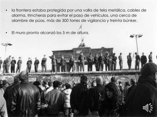 • la frontera estaba protegida por una valla de tela metálica, cables de
alarma, trincheras para evitar el paso de vehículos, una cerca de
alambre de púas, más de 300 torres de vigilancia y treinta búnker.
• El muro pronto alcanzó los 5 m de altura.
 