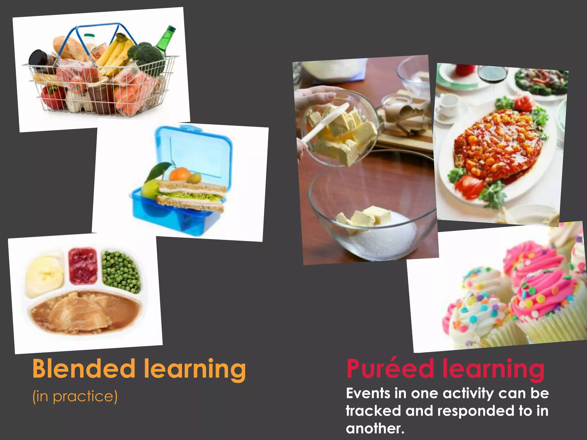 Puréed learningBlended learning
(in practice) Events in one activity can be
tracked and responded to in
another.
 