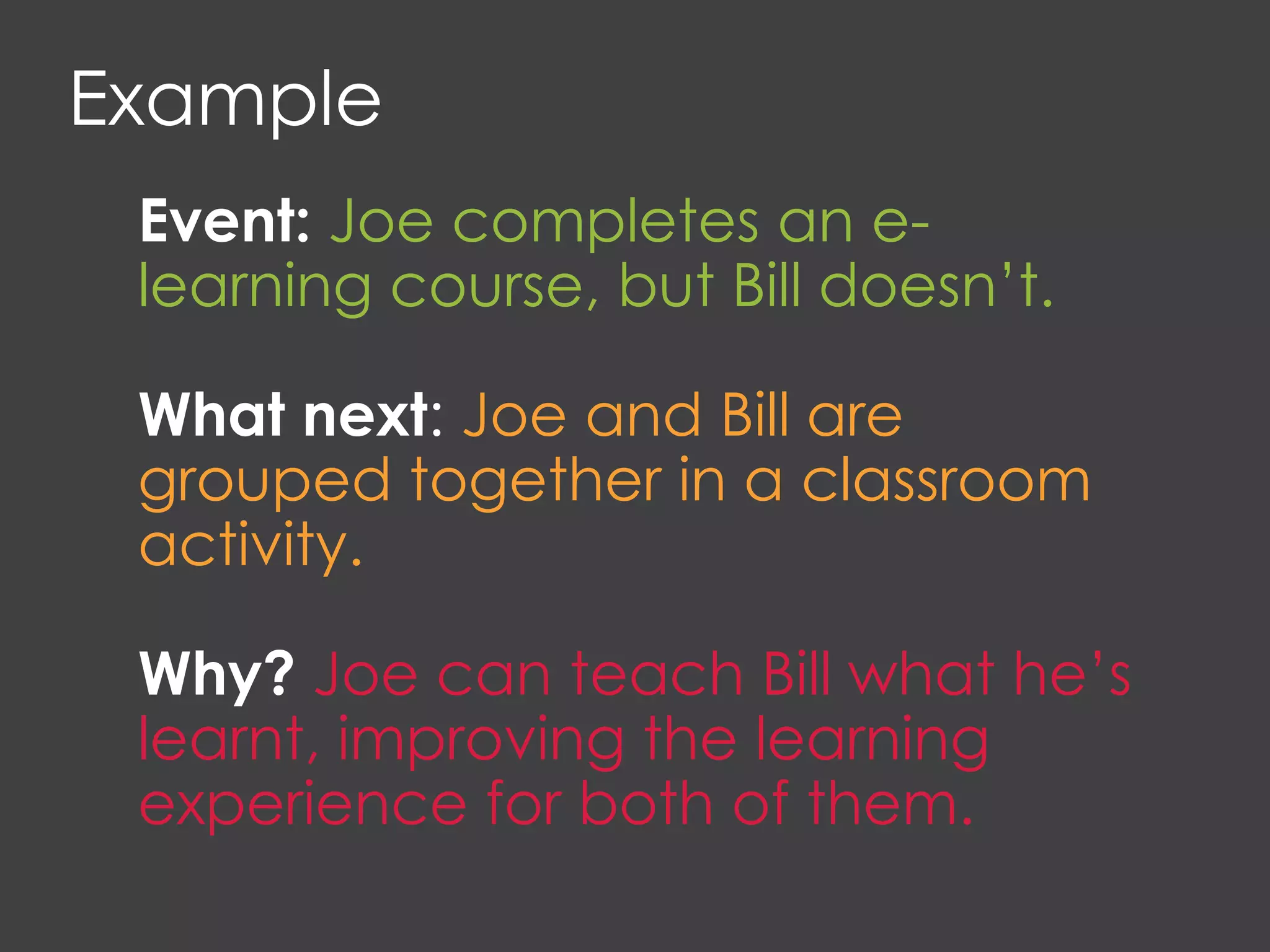 Example
Event: Joe completes an e-
learning course, but Bill doesn’t.
What next: Joe and Bill are
grouped together in a classroom
activity.
Why? Joe can teach Bill what he’s
learnt, improving the learning
experience for both of them.
 