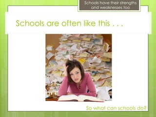 Schools have their strengths
                        and weaknesses too



Schools are often like this . . .




                     So what can schools do?
 