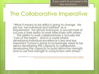 If you want to succeed in this
                                                                               new economy . . .



The Collaborative Imperative
 “What it means to be skillful is going to change. No
 job has „be individual and isolated‟ as a
 requirement. For almost everyone, a crucial mark of
 success is their ability to work effectively with others .
 . . The ability to work collaboratively is actually the
 „coin of the realm.‟ And in a world where
 developing individual excellence is less and less
 important, school is going to increasingly need to be
 about developing the capacity to collaborate . . .
 developing the capacity to build distinctive strength
 and to use that strength in conjunction with others.”
     Larry Summers,   Keynote address about the future impact of technology in education. New York Times School for Tomorrow Conference.
                                  http://www.livestream.com/schoolsfortomorrowa/video?clipId=pla_035f90fb-ff23-4cd5-8706-2101d918e828
 