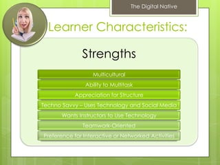 The Digital Native



  Learner Characteristics:

              Strengths
                  Multicultural
               Ability to Multitask
           Appreciation for Structure
Techno Savvy – Uses Technology and Social Media
       Wants Instructors to Use Technology
              Teamwork-Oriented
Preference for Interactive or Networked Activities
 