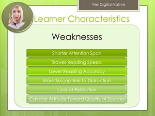 The Digital Native



  Learner Characteristics

          Weaknesses
          Shorter Attention Span

          Slower Reading Speed

        Lower Reading Accuracy

      More Susceptible to Distraction

            Lack of Reflection

Cavalier Attitude Toward Quality of Sources
 