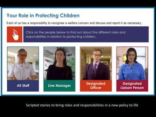 Scripted stories to bring roles and responsibilities in a new policy to life
 