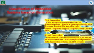 Classification of Embedded
Systems based on Generation
First Generation
• 8 Bit Microprocessors(8085) and 4 bit
Microcontrollers . Simple in hardware circuits with
firmware developed in assembly code.
Digital Telephone Keypads, Stepper Motor Control
units.
Second Generation
• built around 16 bit microprocessors. 8 bit and 16
bit microcontrollers. More complex and powerful
Data Acquisition systems, SCADA systems
 
