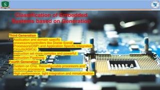 Classification of Embedded
Systems based on Generation
Third Generation
• Application and domain specific
processors/controllers like Digital Signal
Processors(DSP) and Application Specific Integrated
Circuits(ASICs)
• Instruction set more complex and powerful
• Instruction Pipelining
Fourth Generation
• System on Chip, Reconfigurable processors and
multicore processors
• High performance, tight integration and miniaturization
 