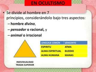 EN OCULTISMO
• Se divide al hombre en 7
  principios, considerándolo bajo tres aspectos:
  – hombre divino,
  – pensador o racional, y
  – animal o irracional
                         LENGUAJE COMÚN    SÁNSCRITO
                         ESPIRITU          ATMA
                         ALMA ESPIRITUAL   BUDDHI
                         ALMA HUMANA       MANAS

       INDIVIDUALIDAD
       TRIADA SUPERIOR
 