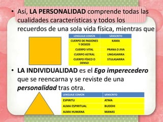 • Así, LA PERSONALIDAD comprende todas las
  cualidades características y todos los
  recuerdos de una sola vida física, mientras que




• LA INDIVIDUALIDAD es el Ego imperecedero
  que se reencarna y se reviste de una
  personalidad tras otra.
                 LENGUAJE COMÚN    SÁNSCRITO

                 ESPIRITU          ATMA
                 ALMA ESPIRITUAL   BUDDHI
                 ALMA HUMANA       MANAS
 