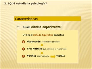 Características  Es una  ciencia experimental Es una  ciencia ecléctica Opera con  diferentes niveles de análisis Diferentes concepciones  según la idea de naturaleza humana y de las formas de conocimiento Utiliza el  método hipotético  deductivo Observación :  fenómenos psíquicos Crea  hipótesis   que expliquen la regularidad Verifica   empiricamente    TEORÍAS 1 2 3 2. ¿Qué estudia la psicología? 