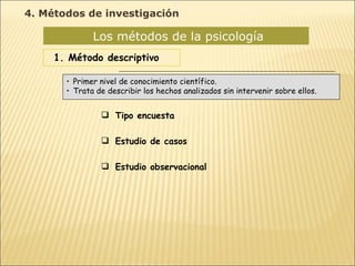 Los métodos de la psicología  1. Método descriptivo Tipo encuesta Estudio de casos Estudio observacional Primer nivel de conocimiento científico. Trata de describir los hechos analizados sin intervenir sobre ellos. 4. Métodos de investigación 
