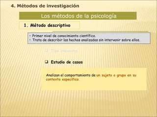 Los métodos de la psicología  1. Método descriptivo Tipo encuesta Estudio de casos Estudio observacional Primer nivel de conocimiento científico. Trata de describir los hechos analizados sin intervenir sobre ellos. Analizan el comportamiento de  un sujeto o grupo en su contexto específico . 4. Métodos de investigación 