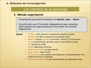 Los métodos de la psicología  3. Método experimental Investigación que permite establecer la  relación causa – efecto . Se actúa sobre una VI (variable independiente) para comprobar empíricamente las repercusiones que tiene sobre VD (variable dependiente) Problema : falta atención y rendimiento alumnos los lunes. Hipótesis : Se debe al desvelo de los sábados noche. Muestra : Escoge  sujetos  H y M volunt., entre 5,2 y 5,5 de notas. Tarea  de aprendizaje: aprender algo no relacionado con nada. VI : cantidad de sueño. VD : nº respuestas correctas. Grupo experimental : no dejar dormir. Grupo control : dejar dormir. Hipótesis nula : si los cambios efectuados por el experimentador en la prueba no alteran el resultado. Hipótesis alternativa : Si varia una condición, los resultados varían. 4. Métodos de investigación Ejemplo 