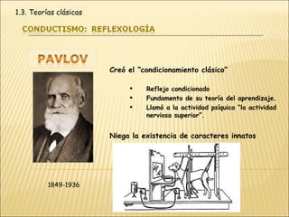 Creó el “condicionamiento clásico” Reflejo condicionado Fundamento de su teoría del aprendizaje. Llamó a la actividad psíquica “la actividad nerviosa superior”. Niega la existencia de caracteres innatos 1849-1936 1.3. Teorías clásicas 