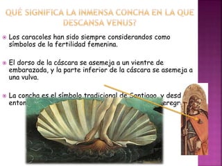  Los caracoles han sido siempre considerandos como
símbolos de la fertilidad femenina.
 El dorso de la cáscara se asemeja a un vientre de
embarazada, y la parte inferior de la cáscara se asemeja a
una vulva.
 La concha es el símbolo tradicional de Santiago, y desde
entonces se ha convertido en una imagen de los peregrinos.
 
