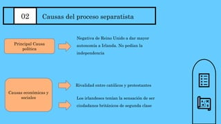 02 Causas del proceso separatista
Negativa de Reino Unido a dar mayor
autonomía a Irlanda. No pedían la
independencia
Rivalidad entre católicos y protestantes
Principal Causa
política
Causas económicas y
sociales Los irlandeses tenían la sensación de ser
ciudadanos británicos de segunda clase
 
