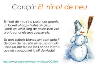 Cançó: El ninot de neu

El ninot de neu s’ha posat uns guants,
un barret al cap i botes als peus.
I amb un vestit llarg de colors ben vius,
ara fa sonar els seus cascavells.

Els seus cabells blancs són com coto fluix,
de color de neu són els seus grans ulls.
Porta un sac ple de jocs per als infants
que els va repartint la nit de Nadal.


http://www.youtube.com/watch?v=CkLuvcQOXRM
 