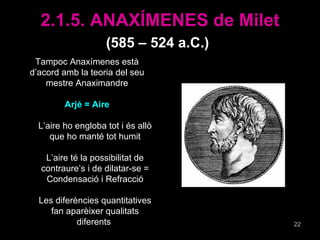 2.1.5. ANAXÍMENES de Milet (585 – 524 a.C.)   <ul><li>Tampoc Anaxímenes està d’acord amb la teoria del seu mestre Anaximan...