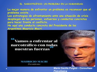 EL NARCOTRÁFICO: UN PROBLEMA EN LA HUMANIDAD
La mejor manera de enfrentar un problema es reconocer que el
problema existe.
Las estrategias de afrontamiento ante una situación de crisis
despliegan en las personas, esfuerzos y conductas concretas
para hacer frente al conflicto.
He aquí una conducta concreta del Presidente de los
Argentinos Mauricio Macri
María Cecilia Puigbó - Consultora
Psicológica
 