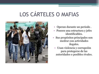 LOS CÁRTELES O MAFIAS
• Operan durante un periodo .
• Poseen una estructura y jefes
identificables.
• Sus propósitos principales son
medrar con actividades
ilegales.
• Usan violencia y corrupción
para protegerse de las
autoridades o posibles rivales.
 