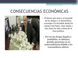 CONSECUENCIAS ECONÓMICAS
• El dinero que mueve el mercado
de las drogas y el narcotráfico,
corrompe a la sociedad, desde los
estratos más bajos, clase media y
alta, hasta las altas esferas de la
clase politica.
• Por ser las drogas ilegales y
prohibidas, se obtienen
grandes ganancias en su
comercializacion debido a los
consumidores adictos.
 