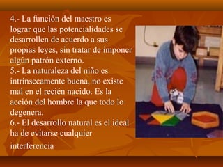 4.- La función del maestro es
lograr que las potencialidades se
desarrollen de acuerdo a sus
propias leyes, sin tratar de imponer
algún patrón externo.
5.- La naturaleza del niño es
intrínsecamente buena, no existe
mal en el recién nacido. Es la
acción del hombre la que todo lo
degenera.
6.- El desarrollo natural es el ideal
ha de evitarse cualquier
interferencia
 