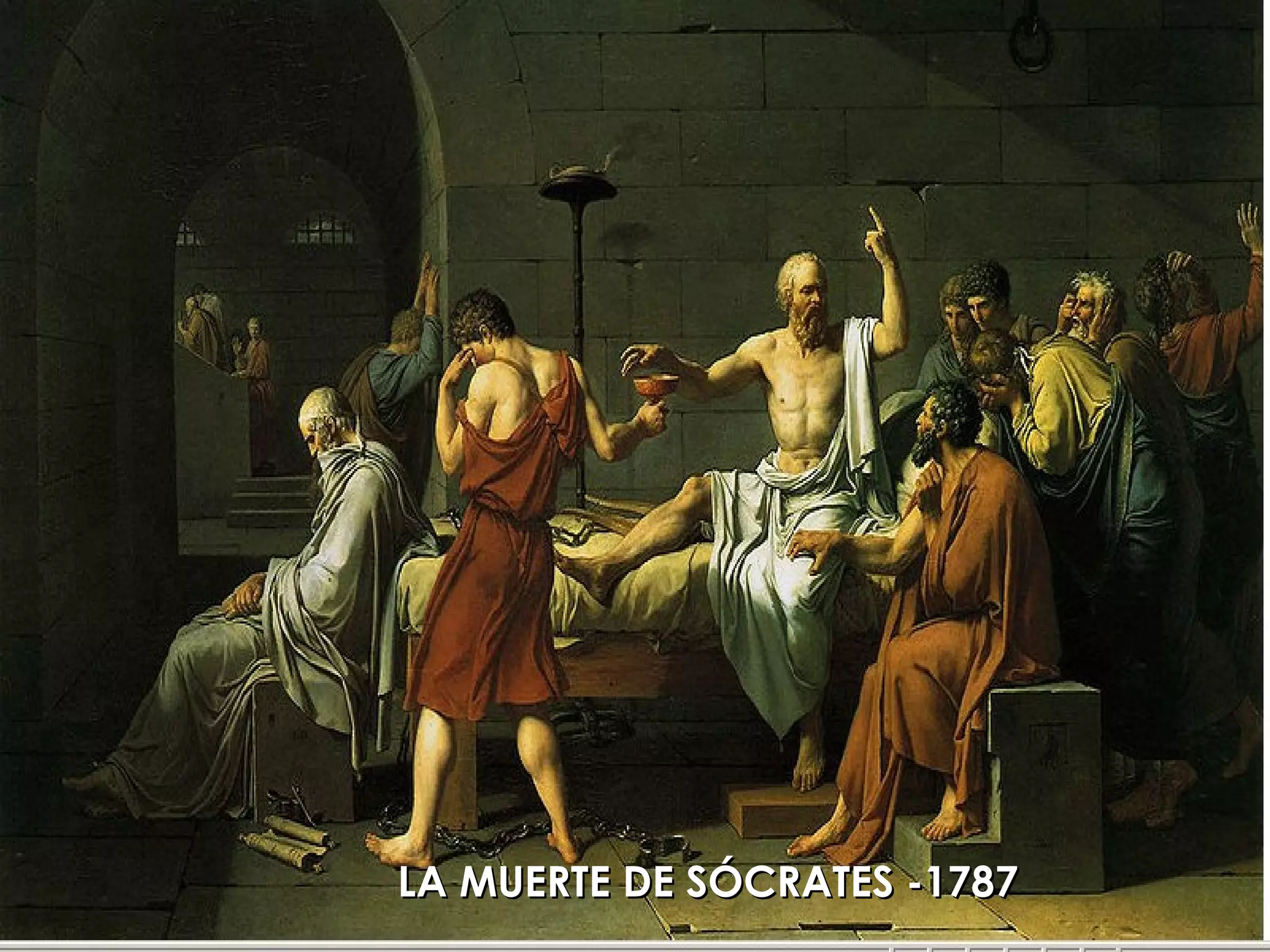 Jacques-Louis David
El Juramento de los
Horacios
Predominio del
dibujo sobre el
color, con contornos
nítidos.
Figuras formadas
con triángulos que
dan estabilidad.
Personajes masculinos en
líneas verticales, están
erguidos, músculos
tensos y están inscritos
en un cuadrado (reflejan
el Ethos, el sacrificio
cívico).
Personajes femeninos
dominan líneas
curvas (abatimiento,
desesperación,
el “pathos”)
Fondo arquitectónico clásico (toscano)
sin adornos para no distraer de acción
principal en primer plano (el fuerte
claroscuro también contribuye a llamar
la atención sobre el primer término
iluminado y relegar la zona de
penumbra)
Cada arco de Medio
punto engloba a un
grupo de personajes.
Unidad del cuadro
Fragmentada en dos
escenas para lograr
una visión sincrética:
la parte heróica (el
juramento) y la parte
trágica (el dolor de
las mujeres)
Composición clara y
equilibrada (principio
de simetría,
compensación de
masas, etc.)
Belleza ideal
en anatomías
de inspiración
clásica.
LA MUERTE DE SÓCRATES -1787LA MUERTE DE SÓCRATES -1787
 