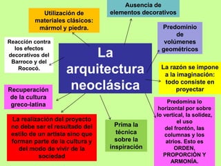 Reacción contra
los efectos
decorativos del
Barroco y del
Rococó.
La
arquitectura
neoclásica
La realización del proyecto
no debe ser el resultado del
estilo de un artista sino que
forman parte de la cultura y
del modo de vivir de la
sociedad
Prima la
técnica
sobre la
inspiración
La razón se impone
a la imaginación:
todo consiste en
proyectar
Utilización de
materiales clásicos:
mármol y piedra.
Ausencia de
elementos decorativos
Predominio
de
volúmenes
geométricos
Recuperación
de la cultura
greco-latina Predomina lo
horizontal por sobre
lo vertical, la solidez,
el uso
del frontón, las
columnas y los
atrios. Esto es
ORDEN,
PROPORCIÓN Y
ARMONÍA.
 