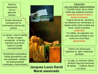 Jacques-Louis David
Marat asesinado
Simplicidad compositiva:
líneas geométricas dan
una sensación estática
de intemporalidad
(verticales y horizontales)
Fuerte claroscuro
contrasta con la
Iluminación intensa del
político
Elementos
con una fuerte carga simbólica:
* Cuchillo cerca de su mano
caída que sostiene la pluma:
oposición barbarie frente a
ideales ilustrados.
* Caja le servía de escritorio,
las sábanas con remiendos, el
tapete verde cubre la tabla que
tenía sobre la bañera:
austeridad,
* Un billete de asignado con
una nota para entregar a una
viuda con cinco hijos:
generosidad.
David lo
representa
con un
desnudo
heroico
Tintero con pluma para
significar la labor intelectual
de Marat
La sangre recorre desde
la nota, el agua
enrojecida, la herida
manando que llevan
hasta el cuchillo
ensangrentado
La caja, un volumen cúbico
perfecto hace las funciones
de lápida: “ A Marat, David.
L`an Deux
 