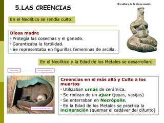 5.LAS CREENCIAS Diosa madre Protegía las cosechas y el ganado. Garantizaba la fertilidad. Se representaba en figurillas femeninas de arcilla. Creencias en el más allá y Culto a los muertos Utilizaban  urnas  de cerámica. Se rodean de un  ajuar  (joyas, vasijas) Se enterraban en  Necrópolis . En la Edad de los Metales se practica la  incineración  (quemar el cadáver del difunto) En el Neolítico se rendía culto:  En el Neolítico y la Edad de los Metales se desarrollan:  