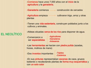 EL NEOLÍTICO
-Comienza hace unos 7.000 años con el inicio de la
agricultura y la ganadería.
-Ganadería comienza construcción de cercados
-Agricultura empieza cultivaron trigo, arroz y otras
plantas
-Tienen una vida sedentaria, construyen poblados junto a los
cultivos y animales.
-Aldeas situadas cerca de los ríos para disponer de agua.
-Comenzaron a
ser especialistas
-Las herramientas se hacían con piedra pulida (azadas,
hoces, molinos de mano)
-Dos inventos importantes
-En sus pinturas representaban escenas de caza, grupos
bailando o recolectando plantas de forma muy esquemática y
con un solo color
-Agricultores
-Ganaderos
-Artesanos
-Tejidos
-Cerámica
 